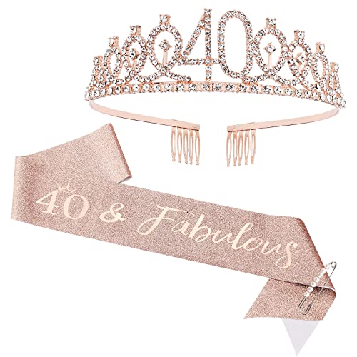 CIEHER 40th Birthday Crown + Sash + Pearl Pin Set for Women, Tiara, Gifts for Friends, Party Decorations & Favors - Image 1
