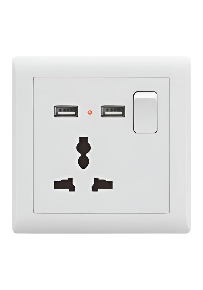 مقبس طاقة حائط عالمي مع منفذي USB مزدوجين ومفتاح - 13A 250V AC، أبيض - Image 1
