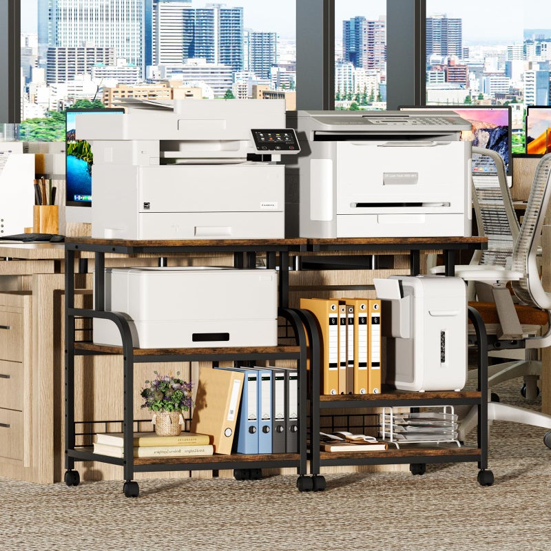 Lerliuo Large Printer Stand with Storage, 23.6"W x 18.9"D x 30.2"H, 5-Adjustable Shelf Heights Mobile 3 Tier Table with Lockable Wheels, Industrial Rolling Printer Cart, Brown Stands for Home Office - Image 3