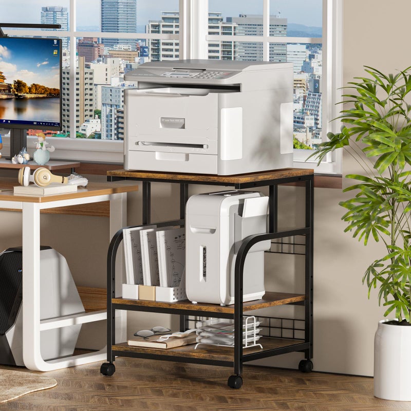 Lerliuo Large Printer Stand with Storage, 23.6"W x 18.9"D x 30.2"H, 5-Adjustable Shelf Heights Mobile 3 Tier Table with Lockable Wheels, Industrial Rolling Printer Cart, Brown Stands for Home Office - Image 4