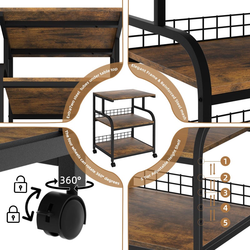 Lerliuo Large Printer Stand with Storage, 23.6"W x 18.9"D x 30.2"H, 5-Adjustable Shelf Heights Mobile 3 Tier Table with Lockable Wheels, Industrial Rolling Printer Cart, Brown Stands for Home Office - Image 5