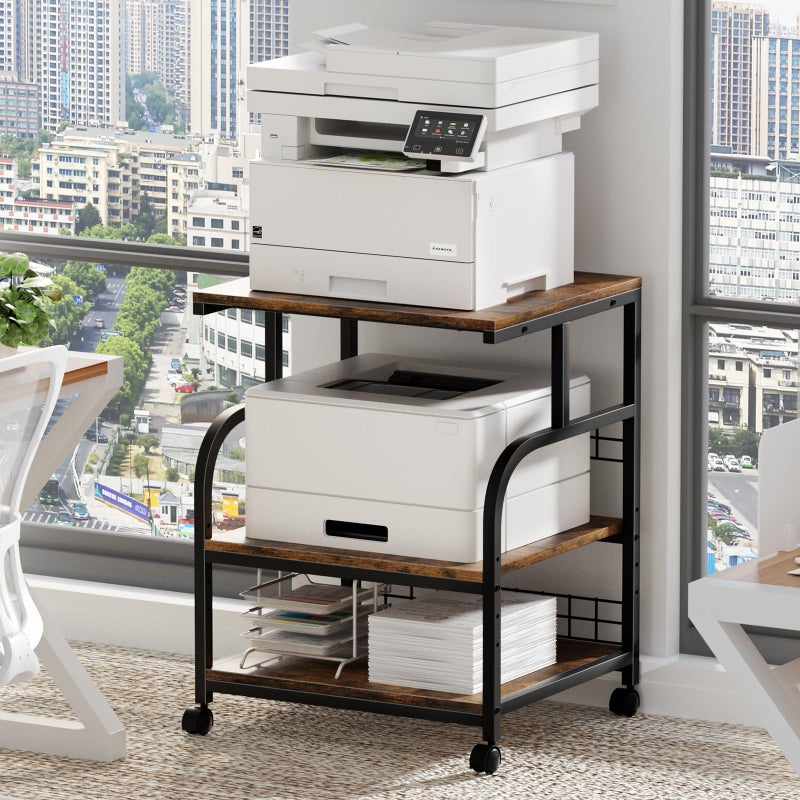 Lerliuo Large Printer Stand with Storage, 23.6"W x 18.9"D x 30.2"H, 5-Adjustable Shelf Heights Mobile 3 Tier Table with Lockable Wheels, Industrial Rolling Printer Cart, Brown Stands for Home Office - Image 1