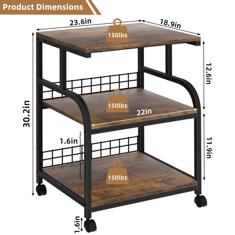 Lerliuo Large Printer Stand with Storage, 23.6"W x 18.9"D x 30.2"H, 5-Adjustable Shelf Heights Mobile 3 Tier Table with Lockable Wheels, Industrial Rolling Printer Cart, Brown Stands for Home Office - Image 2