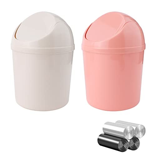SITAKE 2 Pcs Plastic Mini Wastebasket Trash Can with Swing Lid with 120 Trash Bags, Tiny Desktop Waste Garbage Bin for Home, Office, Kitchen, Vanity Tabletop, Bedroom, Bathroom (Pink + Beige) - Image 1