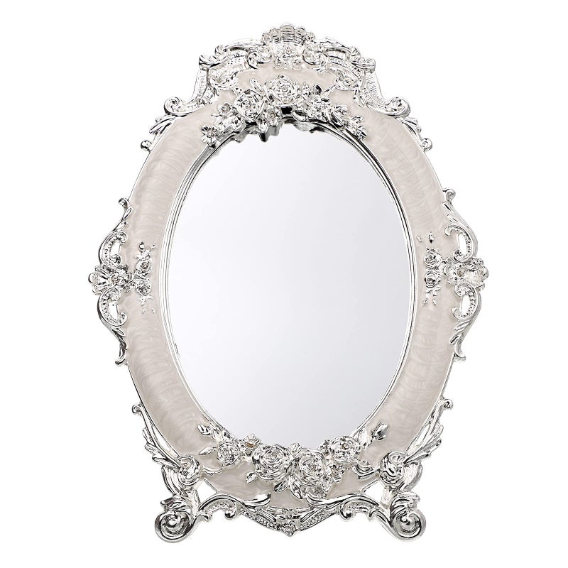 Juxyes Small Tabletop Dressing Mirror Vintage Metal Desktop Mirror With Stand  Antique Embossed Roses Countertop Makeup Mirror Retro Oval Cosmetic Decorative Mirrors For Table Centerpieces - Image 1