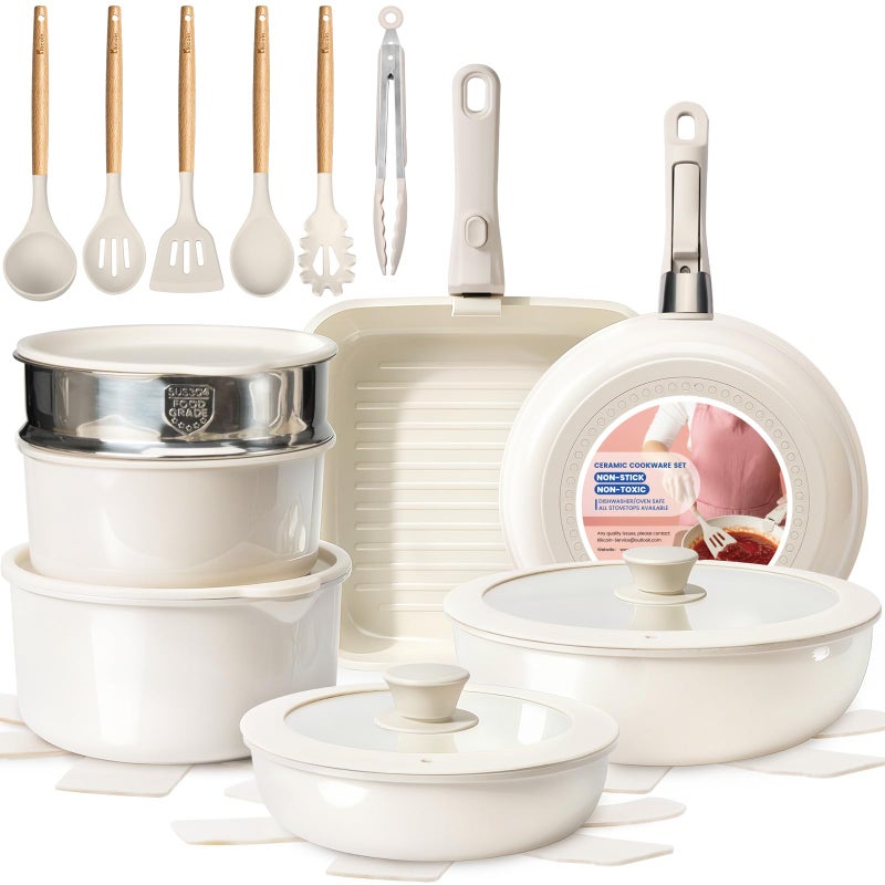 KIKCOIN Nonstick Pots and Pans Set - Ceramic Cookware Set with Detachable Handle - 25 Pack Healthy Pans Set for Cooking - Stackable for RV Kitchen, Induction Ready - Dishwasher and Oven Safe - Image 1