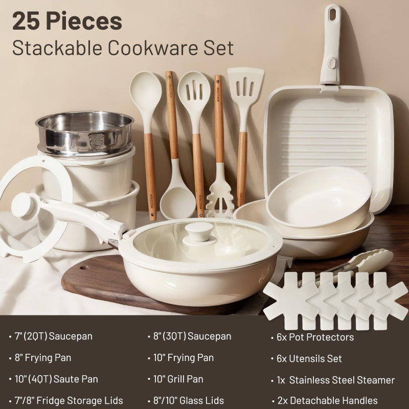 KIKCOIN Nonstick Pots and Pans Set - Ceramic Cookware Set with Detachable Handle - 25 Pack Healthy Pans Set for Cooking - Stackable for RV Kitchen, Induction Ready - Dishwasher and Oven Safe - Image 5