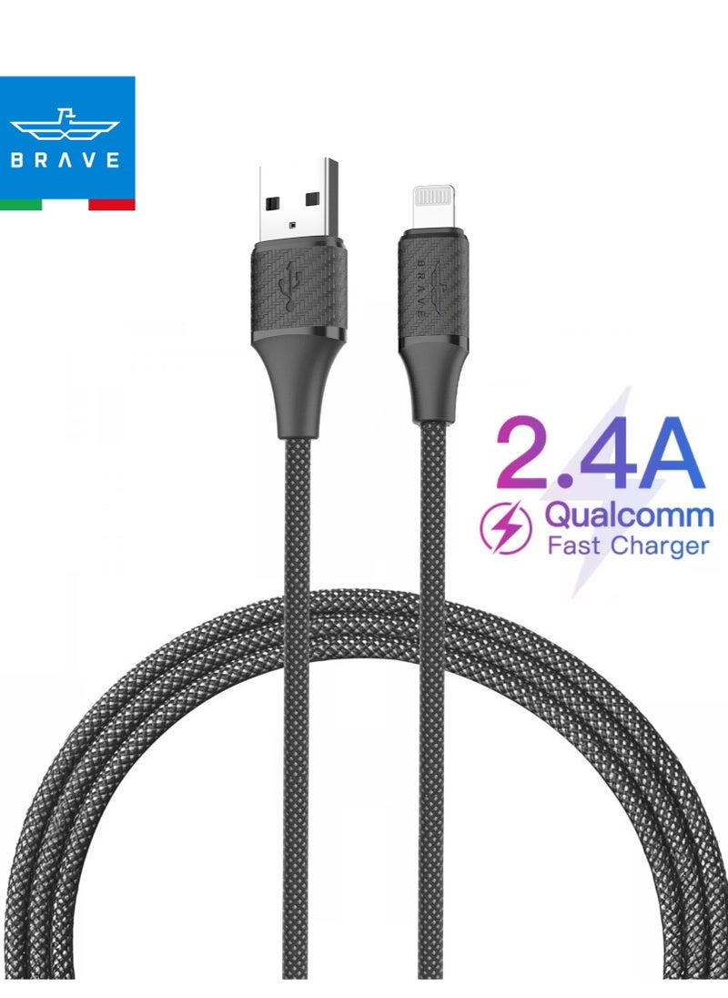 Brave - iPhone Fast Charging Cable 1M, Nylon Braided USB-A to Lightning Cable, 2.4A Fast Charge for iPhone 14/14 Pro/14 Plus/14 Pro Max, iPhone 13-8 Series, iPad, Air Pods, and More - Durable, Tangle-Free Charging Cable for Apple Devices (1M Black) - Image 1