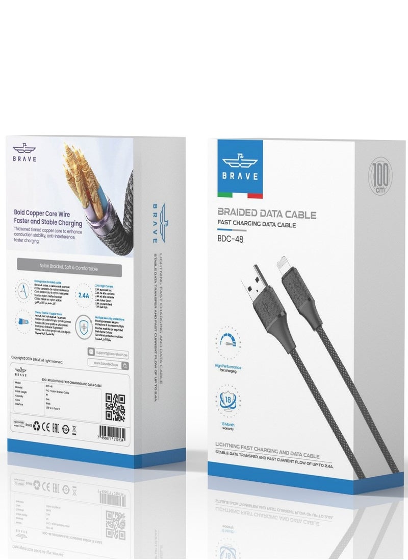 Brave - iPhone Fast Charging Cable 1M, Nylon Braided USB-A to Lightning Cable, 2.4A Fast Charge for iPhone 14/14 Pro/14 Plus/14 Pro Max, iPhone 13-8 Series, iPad, Air Pods, and More - Durable, Tangle-Free Charging Cable for Apple Devices (1M Black) - Image 1