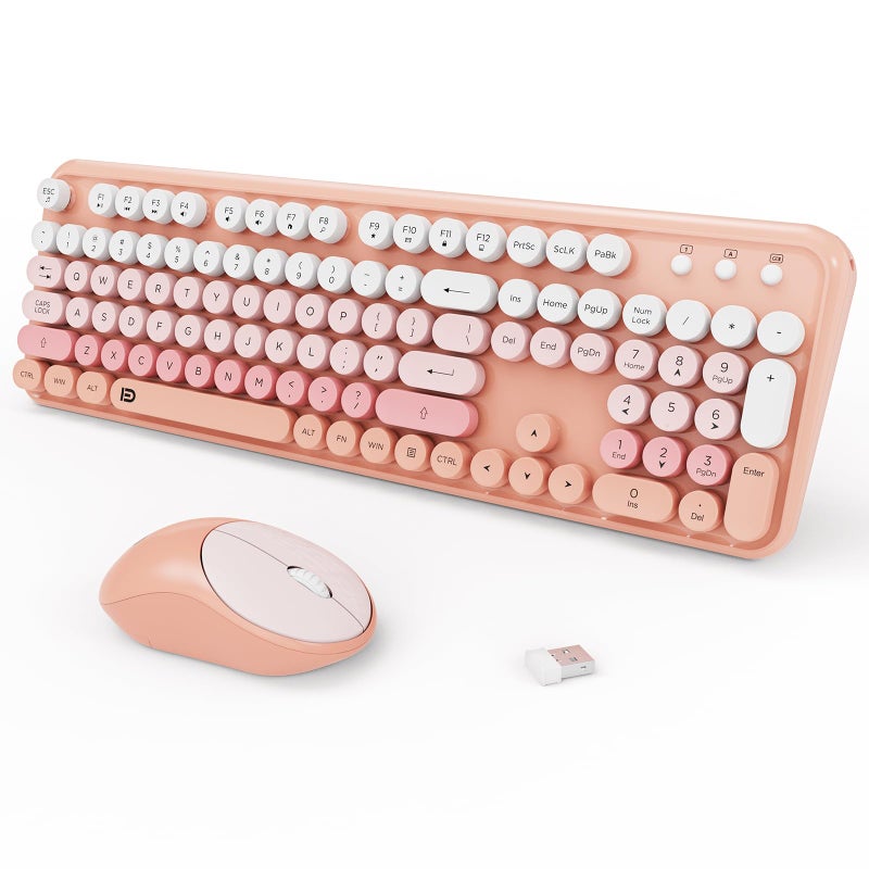 jar-owl Keyboard and Mouse Wireless,2.4Ghz Retro Typewriter Style Round Keycap,Full Size Wireless Keyboard Mouse Combo,Cute Cordless Keyboard Mouse Set for PC Laptop Desktop Computer-Pink Orange Colorful - Image 1