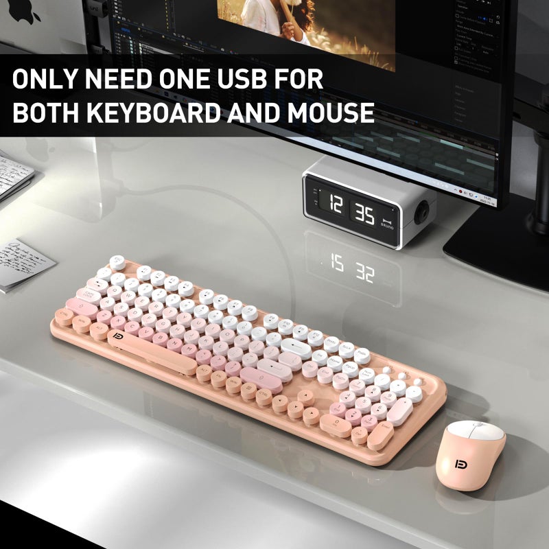jar-owl Keyboard and Mouse Wireless,2.4Ghz Retro Typewriter Style Round Keycap,Full Size Wireless Keyboard Mouse Combo,Cute Cordless Keyboard Mouse Set for PC Laptop Desktop Computer-Pink Orange Colorful - Image 2