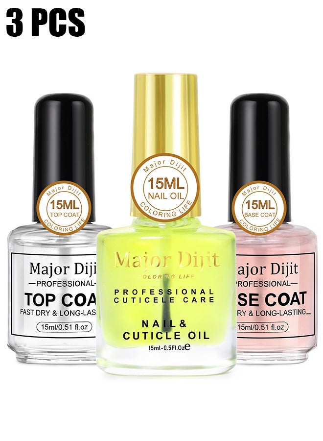 MAJOR DIJIT 3 Pcs Quick Dry Nail Polish Set, Base Coat, Top Coat, Nail & Cuticle Oil, High-Gloss, Long-Lasting, Air-Dry, Non-Gel, Great for Home Manicures,15ml/0.45oz - Image 1