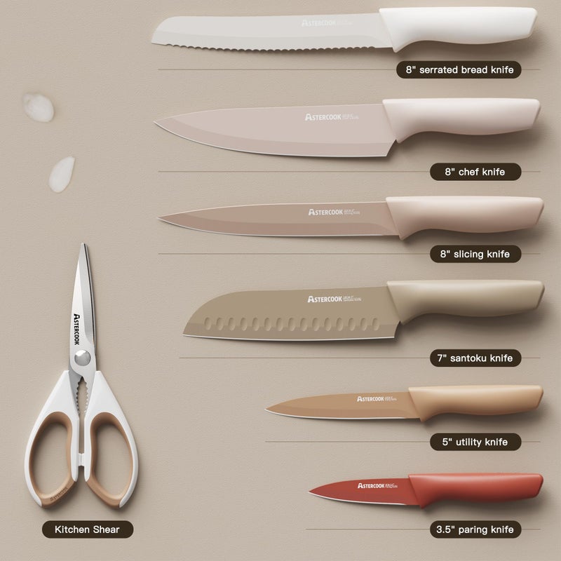 Astercook Knife Set, 13 Pieces Kitchen Knives Set with Healthy Anti-Rust Coating, Dishwasher Safe, Stainless Steel Chef Knife Sets with 6 Blade Guards, Perfect Holiday Gifts for Kitchen - Image 5