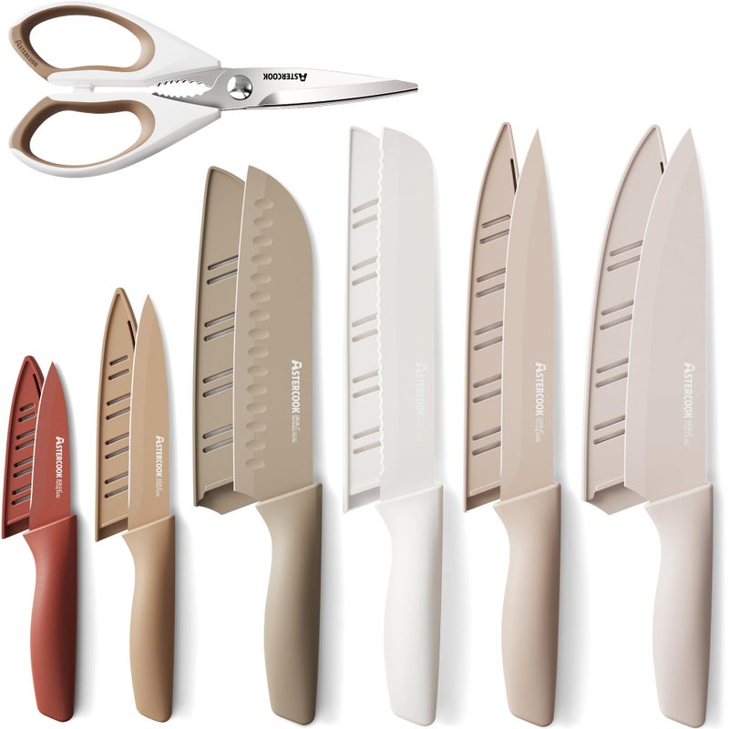 Astercook Knife Set, 13 Pieces Kitchen Knives Set with Healthy Anti-Rust Coating, Dishwasher Safe, Stainless Steel Chef Knife Sets with 6 Blade Guards, Perfect Holiday Gifts for Kitchen - Image 1