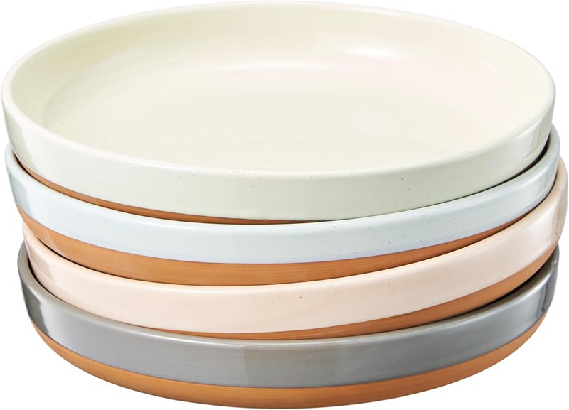 Khen Ceramic Flat Pasta Bowl Plate Set of 435oz Microwave Safe with High Edge for Kitchen and Eating Large Wide BowlsPlates for Serving Dinner Lunch Salad Cereals  Pastel Muted Colors Gift - Image 1