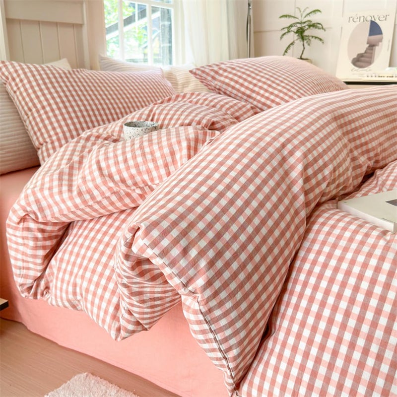 Mucalis Pink Gingham Duvet Cover Queen 100 Washed Cotton Light Pink Tan Plaid Checkered Duvet Cover Set Vintage 3 Piece Grid Bedding Set with Zipper Closure Corner TiesDurableBreathableEasy Care - Image 2