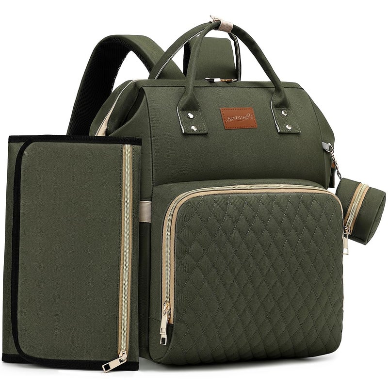 ROSEGIN Diaper Bag Backpack with Changing Pad Pacifier Case Baby Bag for Boy Girl Toddler Large Stylish Waterproof Travel Quilted Diaper Bag for Mom Baby Shower Army Green