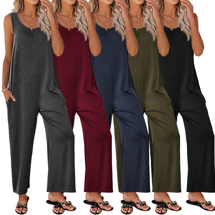 2024 Summer Women'S Sling Loose Straight Solid Color Wide Leg One-Piece Suspender Pants - Image 2