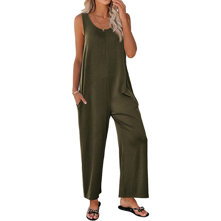 2024 Summer Women'S Sling Loose Straight Solid Color Wide Leg One-Piece Suspender Pants - Image 1
