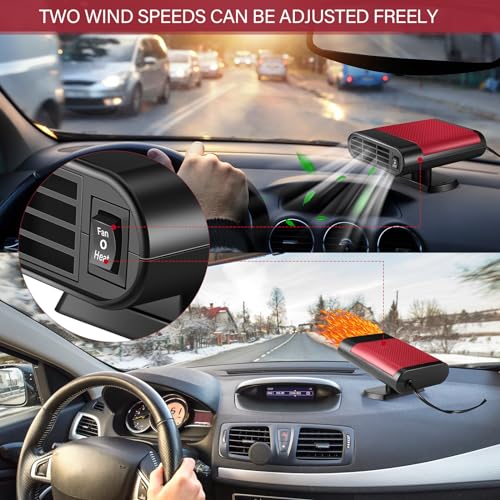 Datanly 2 Pcs 12V 150W Portable Car Heater Defroster 2 in 1 Modes Automobile Windscreen Fan Heating and Cooling Windshield Fan Defroster Demister with Plug into Cigarette Lighter (Red) - Image 4