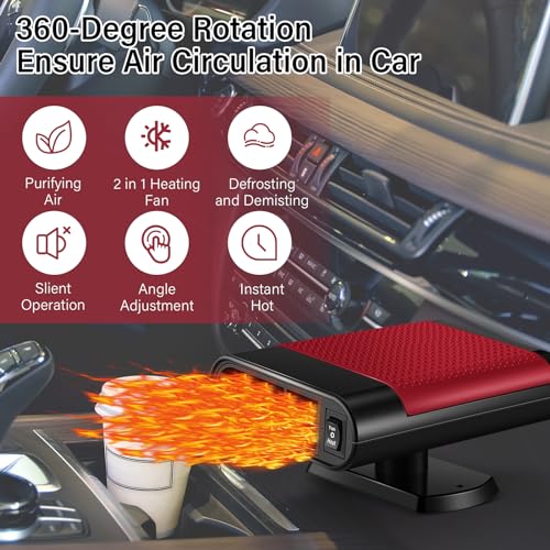 Datanly 2 Pcs 12V 150W Portable Car Heater Defroster 2 in 1 Modes Automobile Windscreen Fan Heating and Cooling Windshield Fan Defroster Demister with Plug into Cigarette Lighter (Red) - Image 3