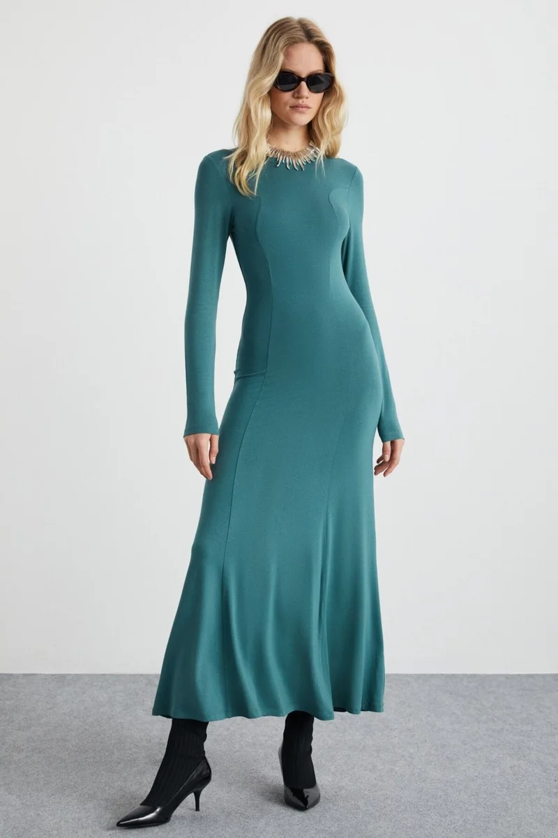 جريميلانج Nuvia Women's Viscose Round Neck Slim Fit Green Dress