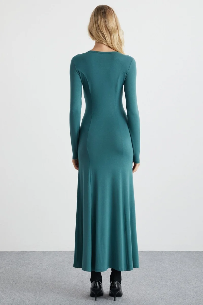 جريميلانج Nuvia Women's Viscose Round Neck Slim Fit Green Dress