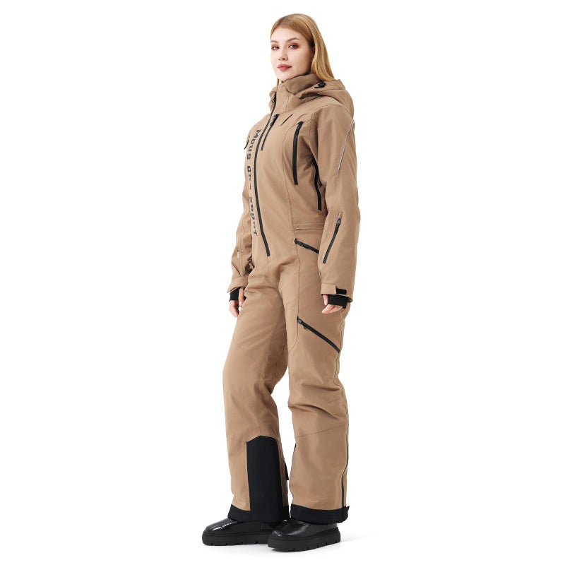 MOUS ONE Women One Pieces Ski Suits Waterproof Warm Insulated Ski Jumpsuit Removable Hood Snowsuit for Snow Sport(Khaki, Large) - Image 3