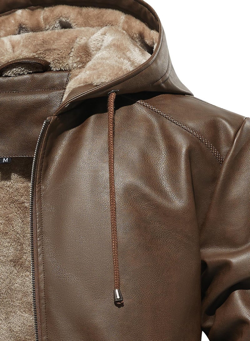 FANARCHER Men’s Faux Leather Jacket Fleece Padded Bomber Motorcycle Jacket with Hood - Image 2