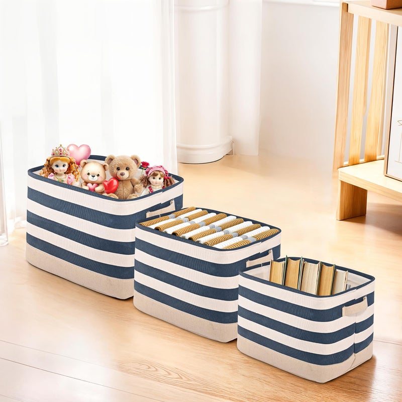 Kuber Industries Kuber Industries (Set of 3) Foldable Cosmetic & Skincare Dressing Table Organizer | Space-Saving Storage Boxes for Makeup Items/Hair Gadgets & Jewellery Holder | GM-30-BLU | White & Blue Stripe - Image 1