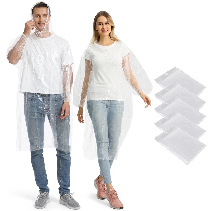 Opret 5 Pack Rain Ponchos, Disposable Emergency Ponchos Bulk Unisex Waterproof Raincoat for Adults with Drawstring Hood - Image 1
