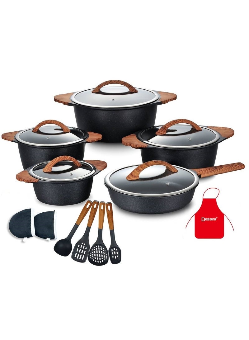 ديسيني طقم أواني طهي مطلي بالجرانيت 17 قطعة يتضمن كسرولة 20،24،28 و 32 سم مع غطاء ، مقلاة عميقة 28 سم مع غطاء و 7 أدوات طهي