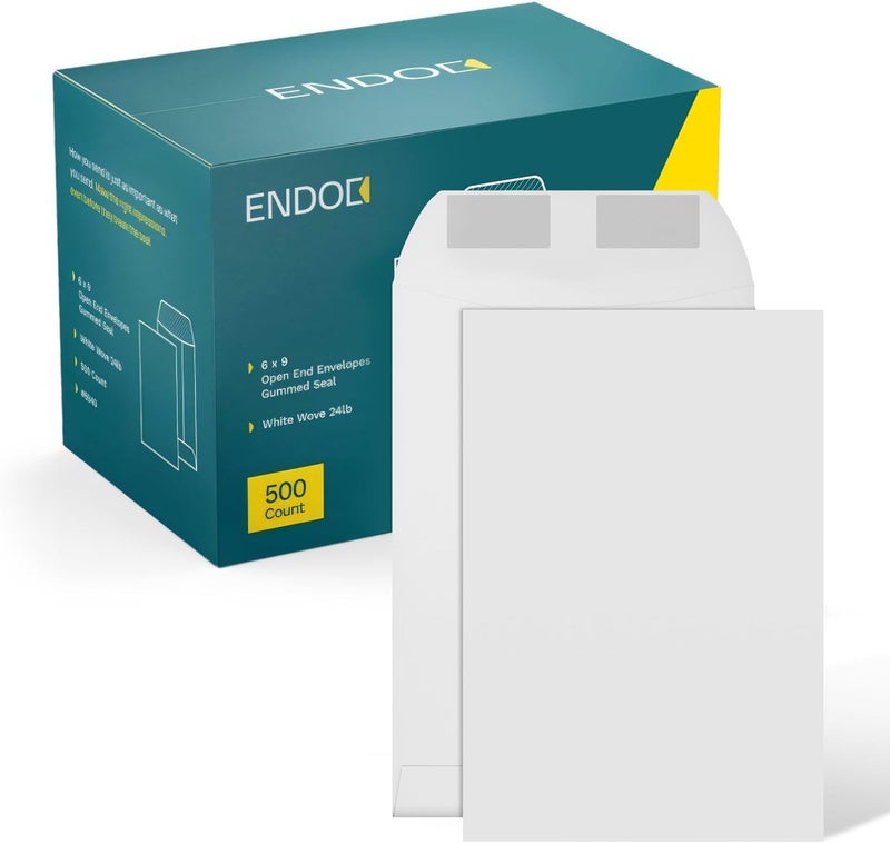 EnDoc 6x9 Catalog Envelopes - 500 Pack - Open End Mailing Envelopes Bulk for Catalogs, Presentations, Newsletters - Plain Envelopes 6x9 with Gummed Seal - Bright White 28lb Heavyweight Paper - Image 1
