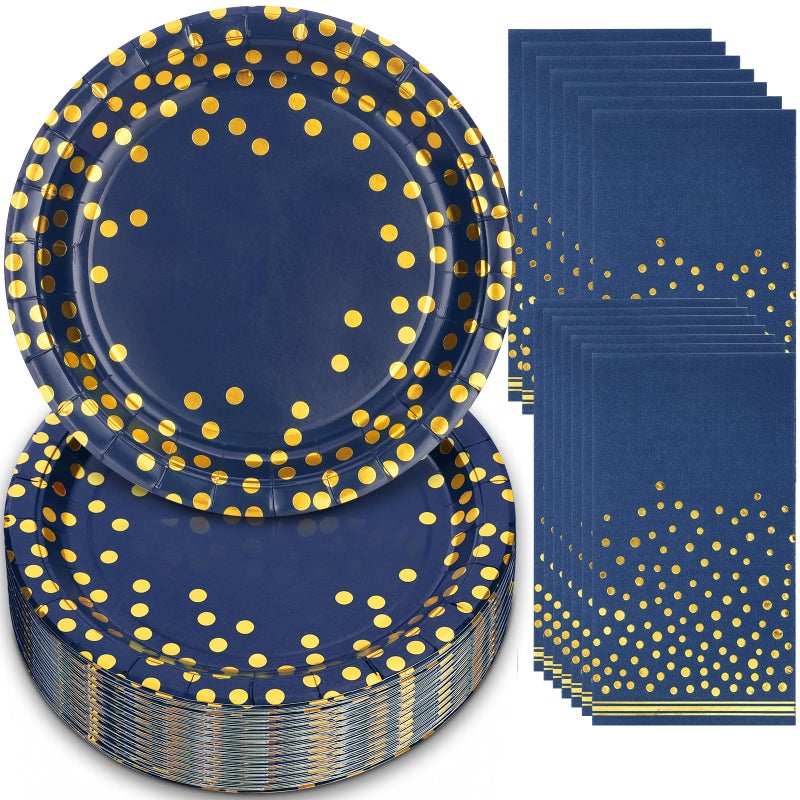 Boocikey 100PCS Blue and Gold Party Decorations 10 Inch Graduation Plates Blue Paper Plates and Napkins for Easter Birthday Wedding Bridal Shower Retirements Graduation Party  Serve 50 - Image 1