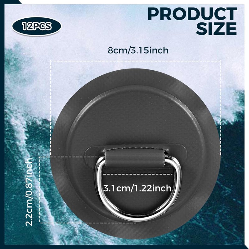 Yetaha 12PCS Stainless Steel D Rings Patch, Black D-Ring PVC Patch, Round Shape D Ring Pad for Inflatable Boat Raft Dinghy Kayak Canoe Surfboard Stand Up Paddle Board, NO Glue Included - Image 2