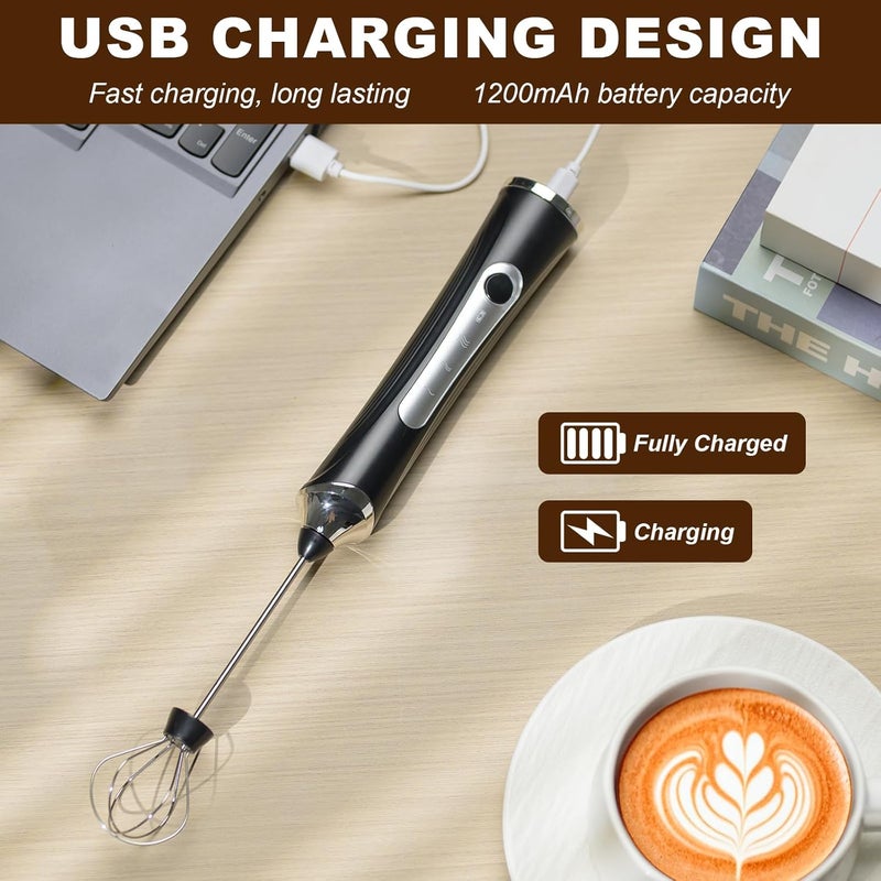 مخفف حليب كهربائي محمول باليد مع رأسين، خلاط رغوة القهوة مع شحن USB و3 سرعات، صانع رغوة لللاتيه والكابتشينو والشوكولاتة الساخنة والبيض (أسود) (أسود) - Image 5