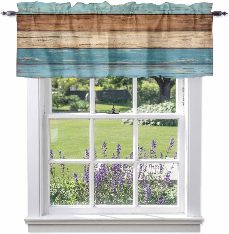Farmhouse Light Blue Brown Valances for Windows, Short Curtains for Kitchen/Bathroom, Vintage Wooden Striped Rod Pocket Window Treatment for Living Room/Doorway/Bedroom/Cafe Decor Panel 42"x18" - Image 1
