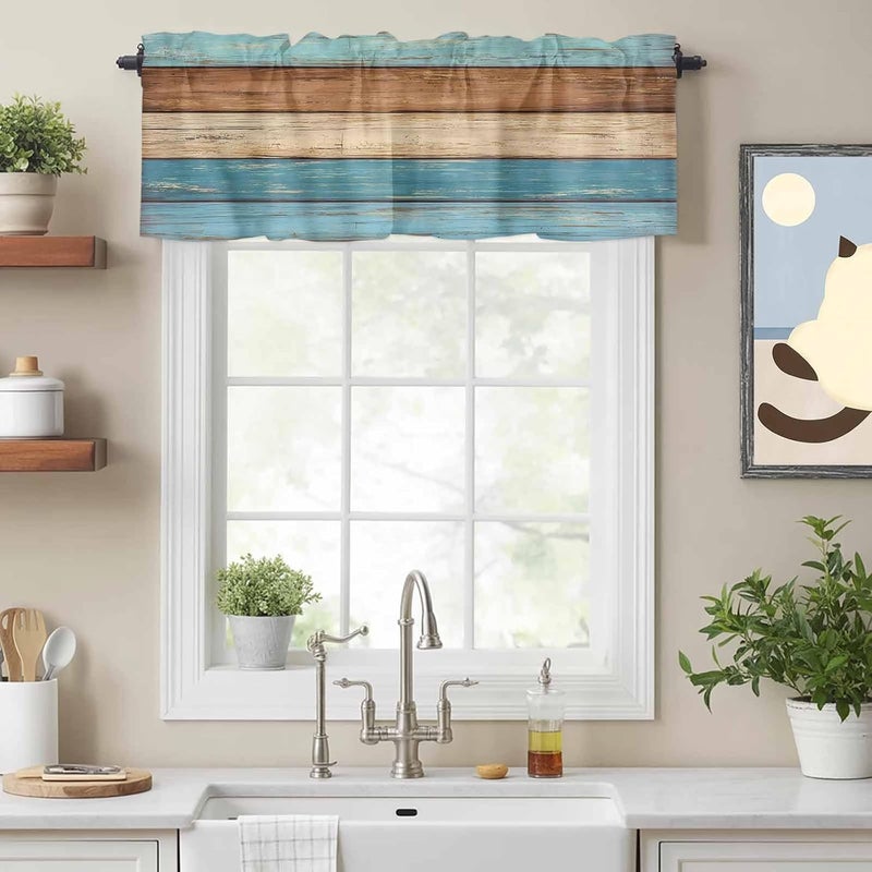 Farmhouse Light Blue Brown Valances for Windows, Short Curtains for Kitchen/Bathroom, Vintage Wooden Striped Rod Pocket Window Treatment for Living Room/Doorway/Bedroom/Cafe Decor Panel 42"x18" - Image 2