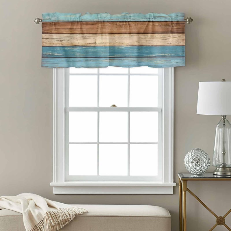 Farmhouse Light Blue Brown Valances for Windows, Short Curtains for Kitchen/Bathroom, Vintage Wooden Striped Rod Pocket Window Treatment for Living Room/Doorway/Bedroom/Cafe Decor Panel 42"x18" - Image 3