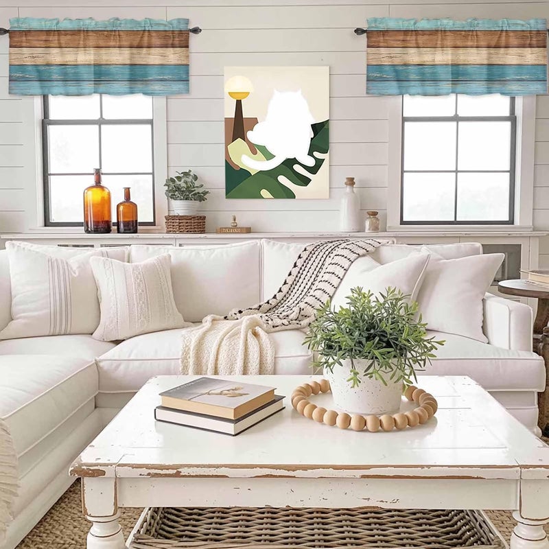 Farmhouse Light Blue Brown Valances for Windows, Short Curtains for Kitchen/Bathroom, Vintage Wooden Striped Rod Pocket Window Treatment for Living Room/Doorway/Bedroom/Cafe Decor Panel 42"x18" - Image 4