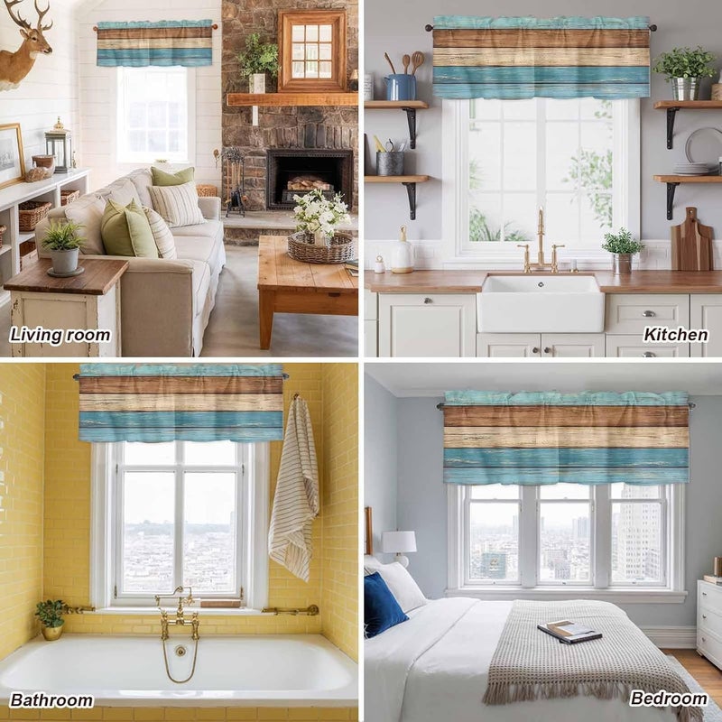Farmhouse Light Blue Brown Valances for Windows, Short Curtains for Kitchen/Bathroom, Vintage Wooden Striped Rod Pocket Window Treatment for Living Room/Doorway/Bedroom/Cafe Decor Panel 42"x18" - Image 5