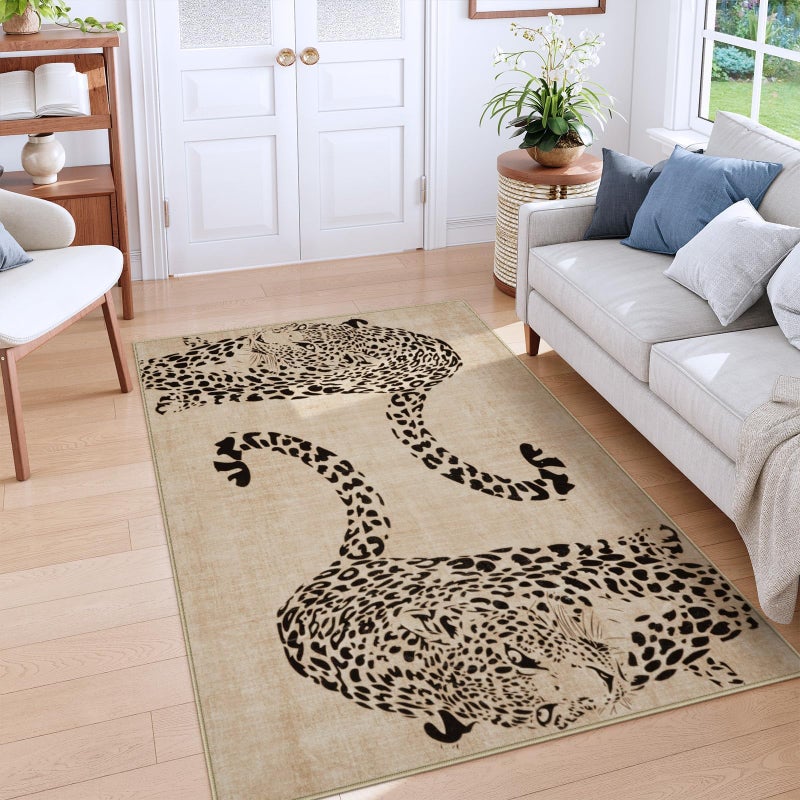 OJIA Leopard Print 5x7 Rugs for Living Room, Soft Ultra-Thin Washable Area Rugs for Bedroom Non-Slip Neutral Rug Non-Shedding Indoor Carpet Kids Rugs for Playroom Nursery Girls Boys Dorm Classroom - Image 1