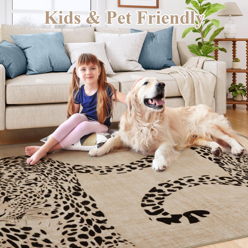 OJIA Leopard Print 5x7 Rugs for Living Room, Soft Ultra-Thin Washable Area Rugs for Bedroom Non-Slip Neutral Rug Non-Shedding Indoor Carpet Kids Rugs for Playroom Nursery Girls Boys Dorm Classroom - Image 5