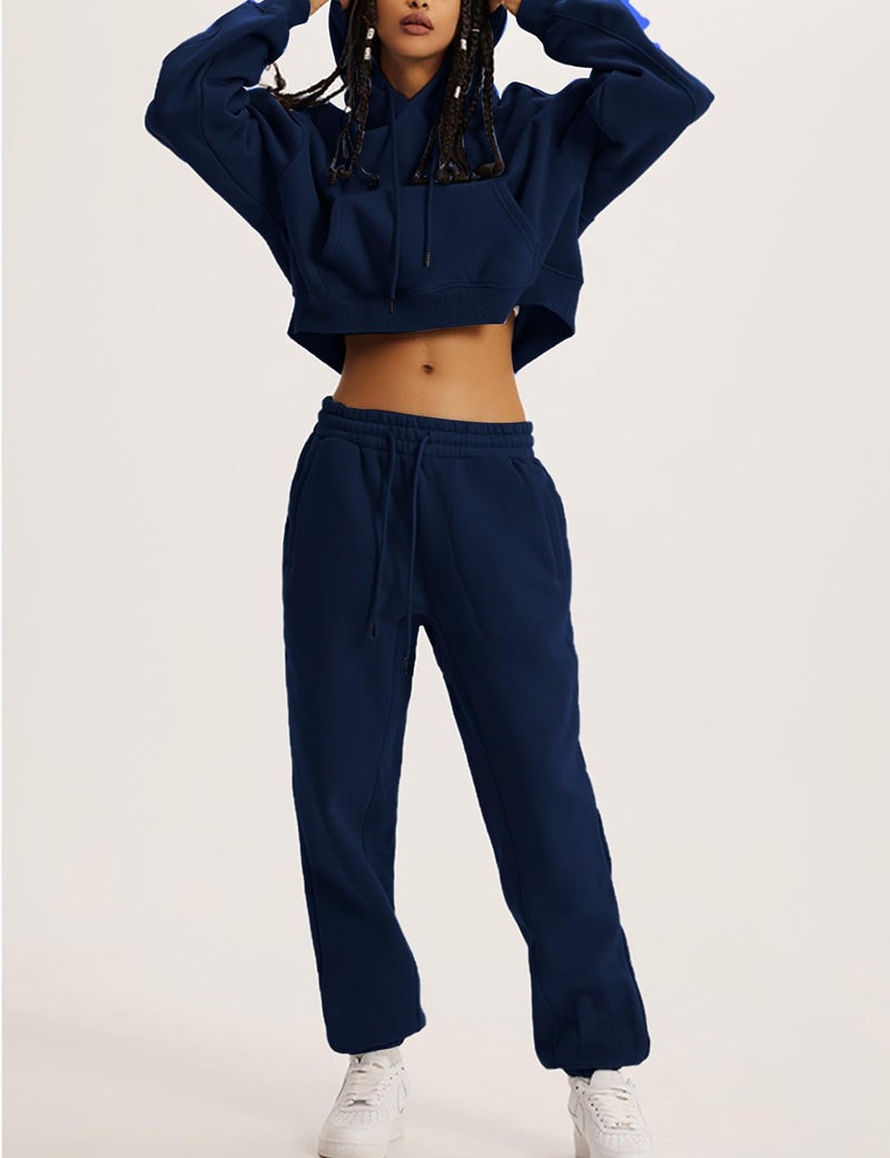 Flygo Womens Fleece 2 Piece Outfits Sweatsuit Crop Pullover Sweatshirt Joggers Pants Tracksuit Set(NavyBlue-L) - Image 5