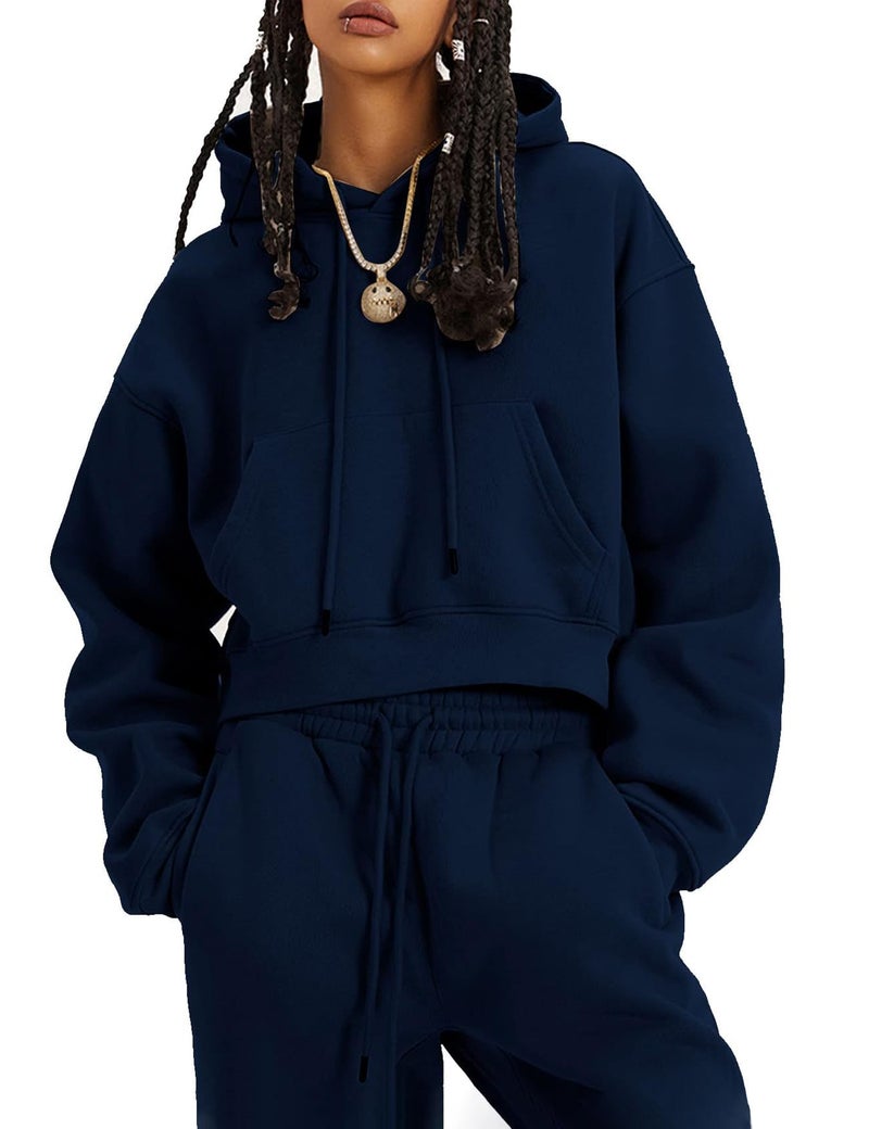 Flygo Womens Fleece 2 Piece Outfits Sweatsuit Crop Pullover Sweatshirt Joggers Pants Tracksuit Set(NavyBlue-L) - Image 1