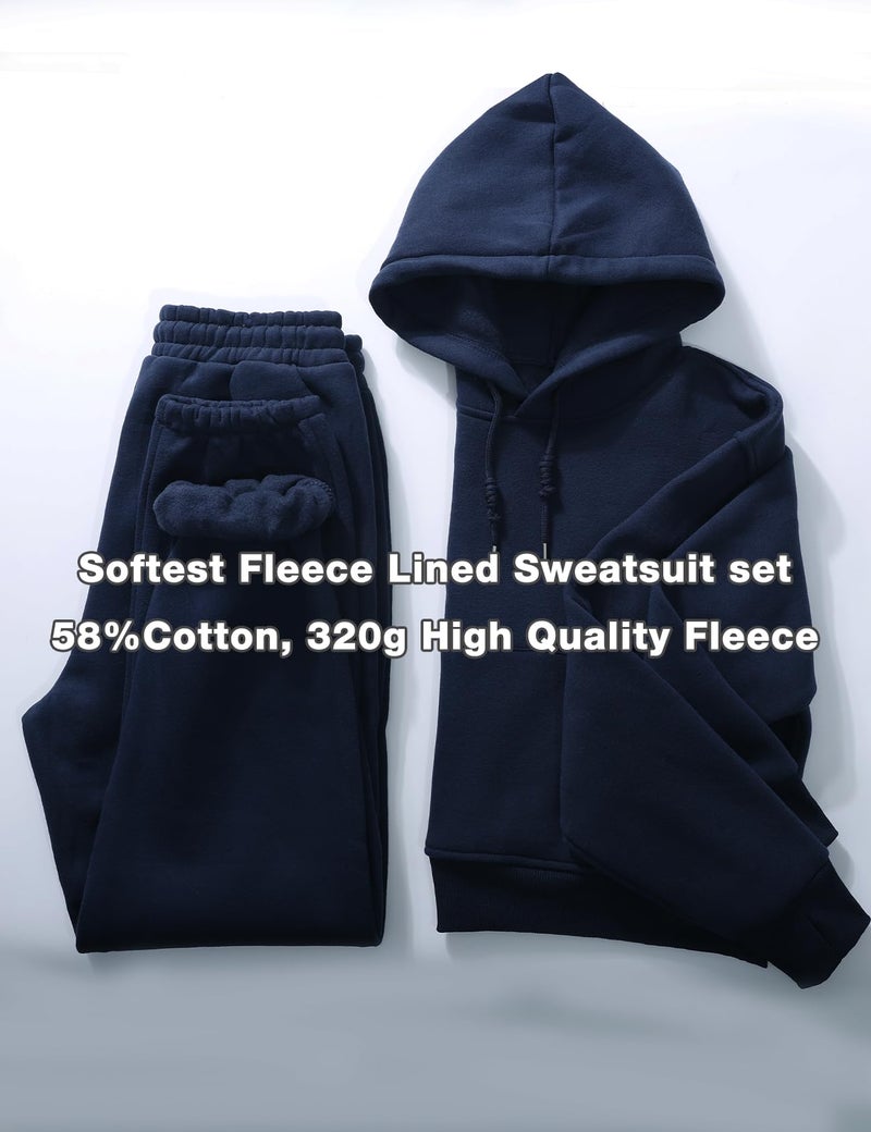 Flygo Womens Fleece 2 Piece Outfits Sweatsuit Crop Pullover Sweatshirt Joggers Pants Tracksuit Set(NavyBlue-L) - Image 2