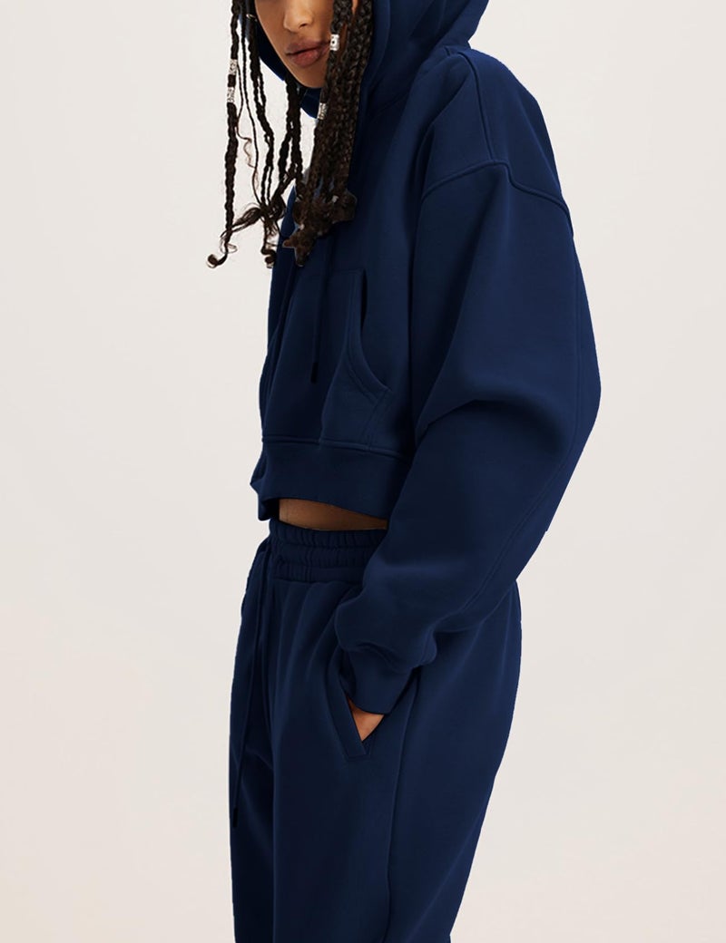 Flygo Womens Fleece 2 Piece Outfits Sweatsuit Crop Pullover Sweatshirt Joggers Pants Tracksuit Set(NavyBlue-L) - Image 4