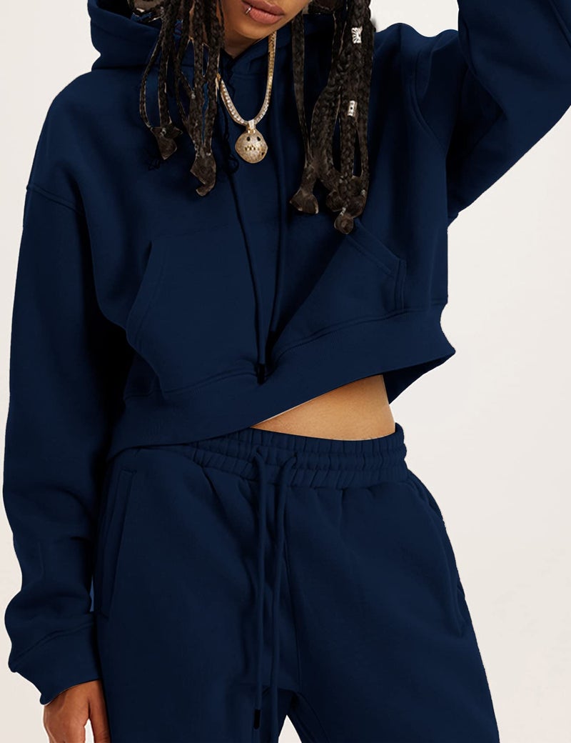 Flygo Womens Fleece 2 Piece Outfits Sweatsuit Crop Pullover Sweatshirt Joggers Pants Tracksuit Set(NavyBlue-L) - Image 3