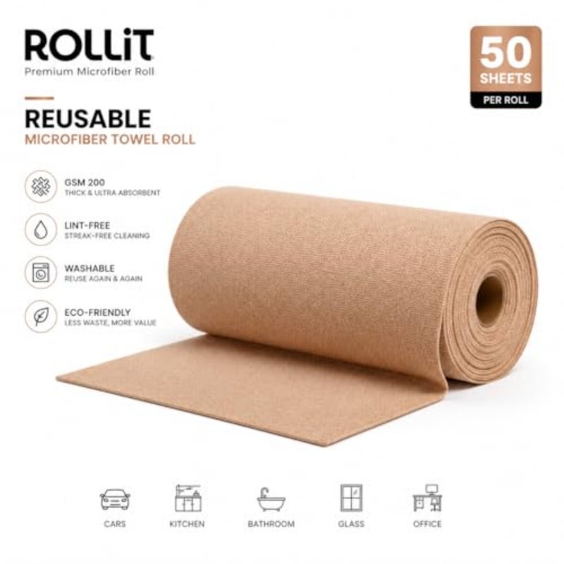 Microfiber Towel Roll 50 Sheets Tear-Away Reusable Cleaning Cloth 200 GSM Thick, Ultra Absorbent, Lint-Free Car Detailing and Home Use with Storage Pouch - Image 3