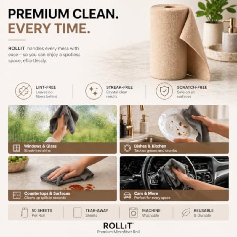 Microfiber Towel Roll 50 Sheets Tear-Away Reusable Cleaning Cloth 200 GSM Thick, Ultra Absorbent, Lint-Free Car Detailing and Home Use with Storage Pouch - Image 5